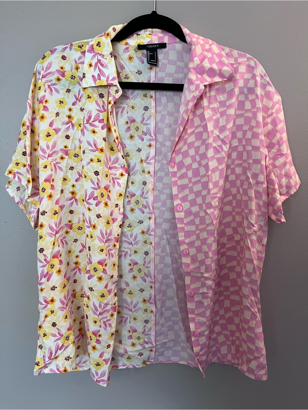 Forever 21 Pink and Yellow Split Floral-Check Short Sleeve Button Shirt